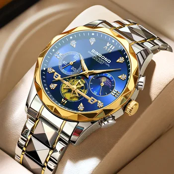 Модный бренд BINBOND Кварцевые часы с турбийоном и циферблатом, мужские роскошные Водонепроницаемые Многофункциональные Мужские часы с фазой Луны из нержавеющей стали