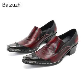 Мужская обувь Batzuzhi на каблуке 6 см, винно-красные кожаные свадебные туфли с острым носком, мужские слипоны для вечеринок/деловых мероприятий, кожаные модельные туфли