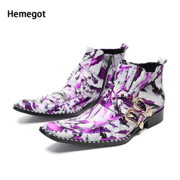 Фиолетовые кожаные ботинки с граффити, мужская обувь с боковой молнией, разноцветные высокие ботильоны, Корейская версия модных ботинок из натуральной кожи.