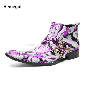 Фиолетовые кожаные ботинки с граффити, мужская обувь с боковой молнией, разноцветные высокие ботильоны, Корейская версия модных ботинок из натуральной кожи. 1