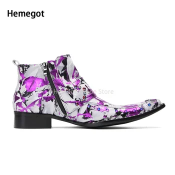 Фиолетовые кожаные ботинки с граффити, мужская обувь с боковой молнией, разноцветные высокие ботильоны, Корейская версия модных ботинок из натуральной кожи. 2