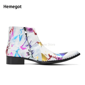 Фиолетовые кожаные ботинки с граффити, мужская обувь с боковой молнией, разноцветные высокие ботильоны, Корейская версия модных ботинок из натуральной кожи. 5
