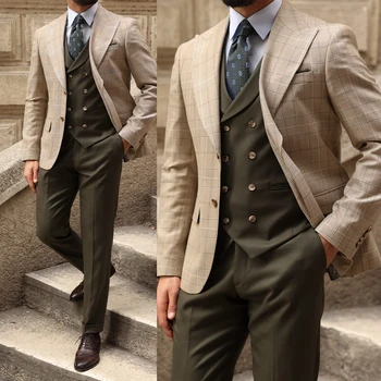 Современные мужские костюмы учетом 3 шт блейзер жилет брюки однобортный остроконечные нагрудные плед полосы жениха на заказ плюс размер  0