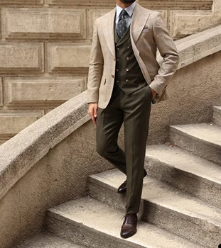 Современные мужские костюмы учетом 3 шт блейзер жилет брюки однобортный остроконечные нагрудные плед полосы жениха на заказ плюс размер  1
