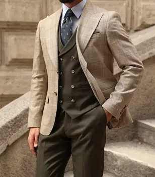 Современные мужские костюмы учетом 3 шт блейзер жилет брюки однобортный остроконечные нагрудные плед полосы жениха на заказ плюс размер  2