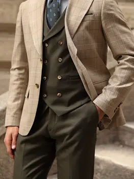 Современные мужские костюмы учетом 3 шт блейзер жилет брюки однобортный остроконечные нагрудные плед полосы жениха на заказ плюс размер  3