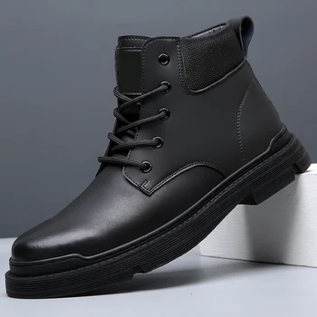 Мужские ботинки, ботильоны с круглым носком на толстой подошве, удобные кожаные короткие ботинки для мужчин, повседневная обувь, черные дышащие мотоциклетные ботинки