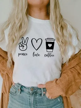 Новая Женская футболка С забавным Принтом, Мультяшные Топы Peace Love Coffee, С Круглым вырезом и Коротким рукавом, Harajuku, Уличная Одежда 90-х, женская Футболка
