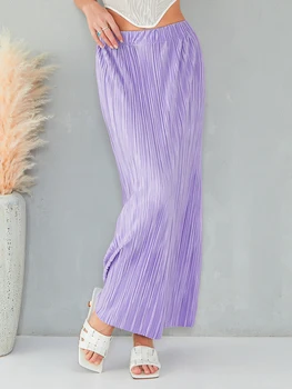 Женская летняя юбка с высокой талией, однотонная плиссированная прямая длинная юбка для путешествий, пляжа, шоппинга 0