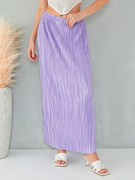 Женская летняя юбка с высокой талией, однотонная плиссированная прямая длинная юбка для путешествий, пляжа, шоппинга 2