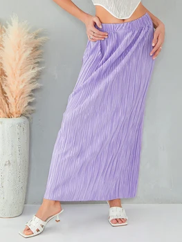 Женская летняя юбка с высокой талией, однотонная плиссированная прямая длинная юбка для путешествий, пляжа, шоппинга 3