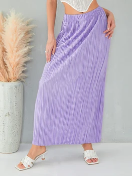 Женская летняя юбка с высокой талией, однотонная плиссированная прямая длинная юбка для путешествий, пляжа, шоппинга 4