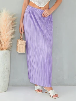 Женская летняя юбка с высокой талией, однотонная плиссированная прямая длинная юбка для путешествий, пляжа, шоппинга 5