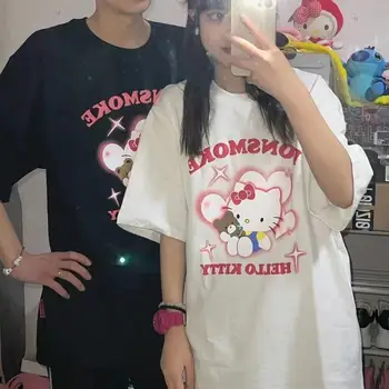 Hello Kitty, Одежда для пары с коротким рукавом, хлопковая футболка, студенческий Корейский свободный топ с рисунком Аниме, Милая девушка, Универсальный короткий рукав