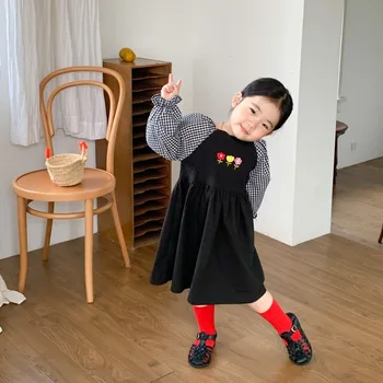 Повседневные платья для девочек с вышивкой в виде решетки, Корейская весенне-осенняя детская одежда с длинным квадратным воротником в складку