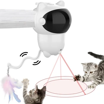 Интерактивные игрушки для кошек в помещении, Лазерная игрушка для кошек со светодиодной подсветкой, вращающаяся на 360 °, с перьями, перезаряжаемая через USB