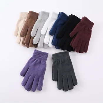Зимние вязаные Плюшевые перчатки, женские мужские осенние утолщенные однотонные варежки с полными пальцами, теплые перчатки для рук, пара велосипедных перчаток