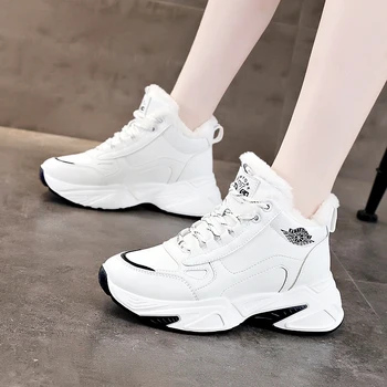Белые женские кроссовки 2023, Новая осенняя спортивная обувь на толстой подошве со шнуровкой, Женская кожаная дышащая обувь для ходьбы с высоким берцем, женская