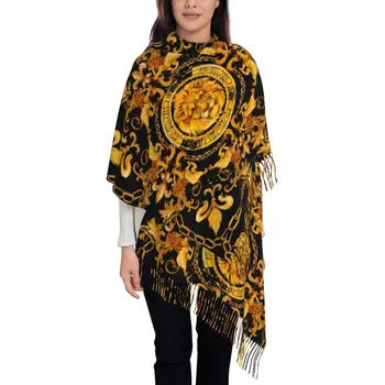 Женский шарф с кисточкой, золотым львом и дамасским орнаментом, роскошная большая супермягкая шаль и подарочная упаковка, кашемировый шарф