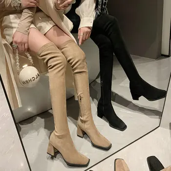 Нубук, замша, Кожа, сексуальные женские носки для зрелых, Ботфорты, Стрейчевые сапоги выше колена на высоком массивном каблуке, Зимняя женская теплая обувь