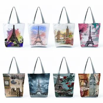 Сумки для женщин с цветочным принтом Эйфелевой башни, сумки-тоут, женская модная дорожная пляжная сумка, портативные хозяйственные сумки большой емкости