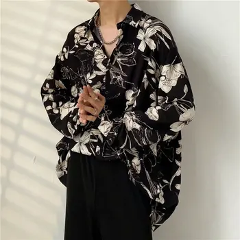 Мужские рубашки контрастного цвета с длинными рукавами и принтом, Мужские удобные блузки в корейском стиле, повседневная свободная однобортная рубашка 2024 A70 0