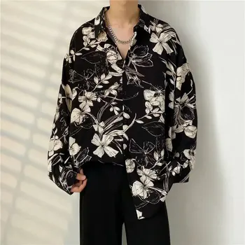 Мужские рубашки контрастного цвета с длинными рукавами и принтом, Мужские удобные блузки в корейском стиле, повседневная свободная однобортная рубашка 2024 A70 1