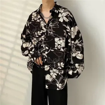 Мужские рубашки контрастного цвета с длинными рукавами и принтом, Мужские удобные блузки в корейском стиле, повседневная свободная однобортная рубашка 2024 A70 2
