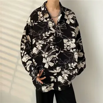 Мужские рубашки контрастного цвета с длинными рукавами и принтом, Мужские удобные блузки в корейском стиле, повседневная свободная однобортная рубашка 2024 A70 3