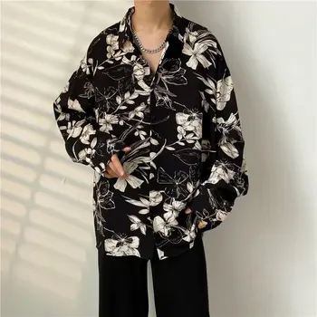 Мужские рубашки контрастного цвета с длинными рукавами и принтом, Мужские удобные блузки в корейском стиле, повседневная свободная однобортная рубашка 2024 A70 4
