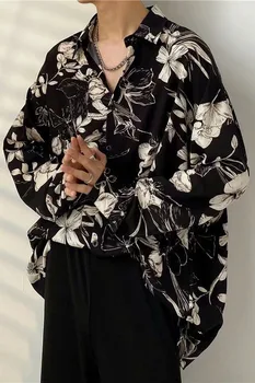 Мужские рубашки контрастного цвета с длинными рукавами и принтом, Мужские удобные блузки в корейском стиле, повседневная свободная однобортная рубашка 2024 A70 5