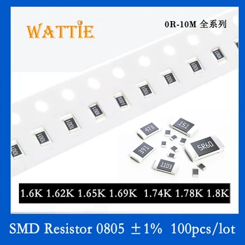 SMD резистор 0805 1% 1.6K 1.62K 1.65K 1.69K 1.74K 1.78K 1.8K 100 шт./лот микросхемные резисторы 1/8 Вт 2.0 мм * 1.2 мм