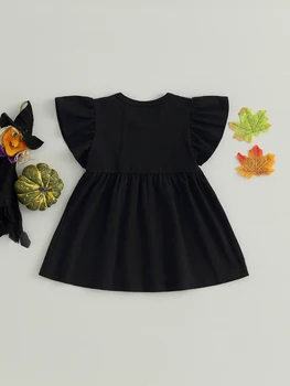 Платье для костюмированной вечеринки на Хэллоуин для маленьких девочек с длинным рукавом и круглым вырезом, платье трапециевидной формы с принтом тыквы и оборками