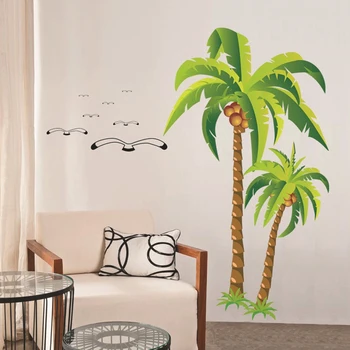 Наклейка с кокосовой пальмой, наклейка на стену с тропическим пляжем, наклейка на фоне гостиной.