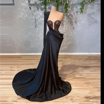 Черное сексуальное кружевное атласное платье с нерегулярными плиссированными рукавами Русалка на одно плечо Роскошное женское вечернее платье для официальных мероприятий