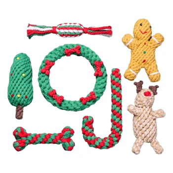 7 ШТ. Рождественский набор Игрушек из хлопчатобумажной веревки для домашних животных, игрушки для чистки зубов, игрушки для собак, Рождественские игрушки для обучения жеванию