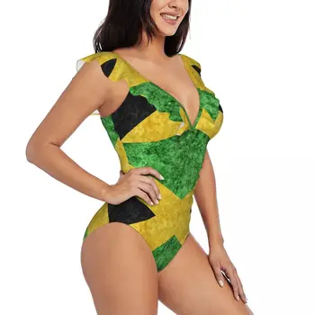 Цельный купальник с оборками, женский Ямайский металлический флаг, сексуальные купальники-монокини на шнуровке, пляжный купальник для девочек