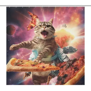 Galactic Pizza, Забавный кот, занавеска для душа из полиэстеровой ткани, занавески для ванной, декор для ванной комнаты, водонепроницаемые, с крючками Galaxy 12шт