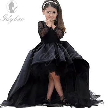Черные платья с цветочным узором для девочек, длинные рукава, длина до пола, атласное бальное платье из тюля, детские платья для свадебных вечеринок