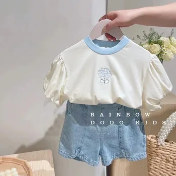 Корейские подростки, футболка с вышивкой для маленьких девочек 2023, летний топ с коротким рукавом + джинсовые шорты, комплекты из 2 предметов, одежда для маленьких девочек