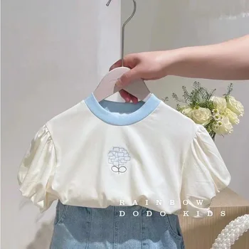 Корейские подростки, футболка с вышивкой для маленьких девочек 2023, летний топ с коротким рукавом + джинсовые шорты, комплекты из 2 предметов, одежда для маленьких девочек 1
