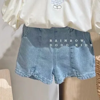 Корейские подростки, футболка с вышивкой для маленьких девочек 2023, летний топ с коротким рукавом + джинсовые шорты, комплекты из 2 предметов, одежда для маленьких девочек 2