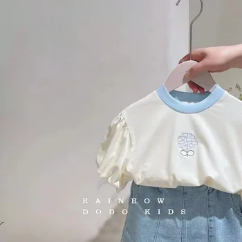 Корейские подростки, футболка с вышивкой для маленьких девочек 2023, летний топ с коротким рукавом + джинсовые шорты, комплекты из 2 предметов, одежда для маленьких девочек 3