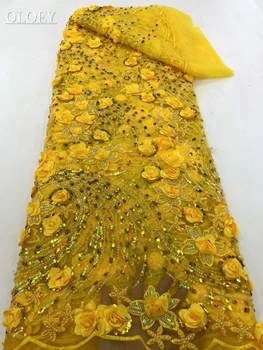 Высококачественная модная Африканская тюлевая кружевная ткань с вышивкой в виде 3D цветов с бисером и пайетками для пошива свадебных платьев для вечеринок 0