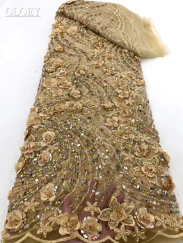 Высококачественная модная Африканская тюлевая кружевная ткань с вышивкой в виде 3D цветов с бисером и пайетками для пошива свадебных платьев для вечеринок 4