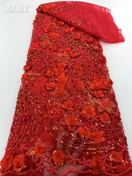 Высококачественная модная Африканская тюлевая кружевная ткань с вышивкой в виде 3D цветов с бисером и пайетками для пошива свадебных платьев для вечеринок 5