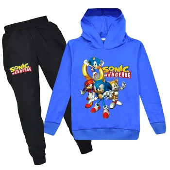 Комплект Для мальчиков и девочек Sonic Sonic The hedgehog С капюшоном и длинными рукавами, Повседневный Удобный Свитер + Брюки