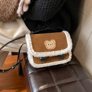 Xiuya Милая сумка через плечо в английском стиле с принтом Медведя, однотонная плюшевая сумка на плечо, осенне-зимняя модная дизайнерская винтажная сумка