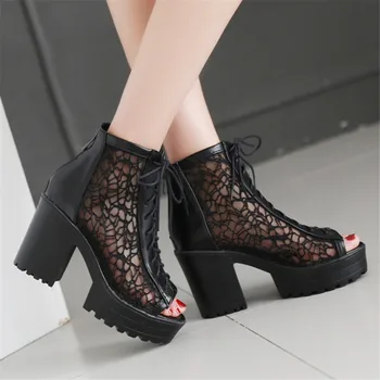 Летние женские крутые ботинки на шнуровке с открытым носком и сеткой, сандалии, новые дизайнерские туфли-лодочки на высоком каблуке с толстой подошвой 2023 года 1