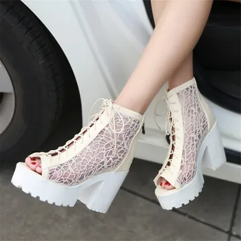 Летние женские крутые ботинки на шнуровке с открытым носком и сеткой, сандалии, новые дизайнерские туфли-лодочки на высоком каблуке с толстой подошвой 2023 года 3